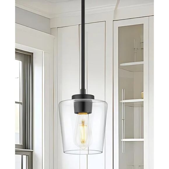 Pendant Light Black w/ Clear Glass Shade Kitchen Island Lighting 6" - Picture 2 of 6